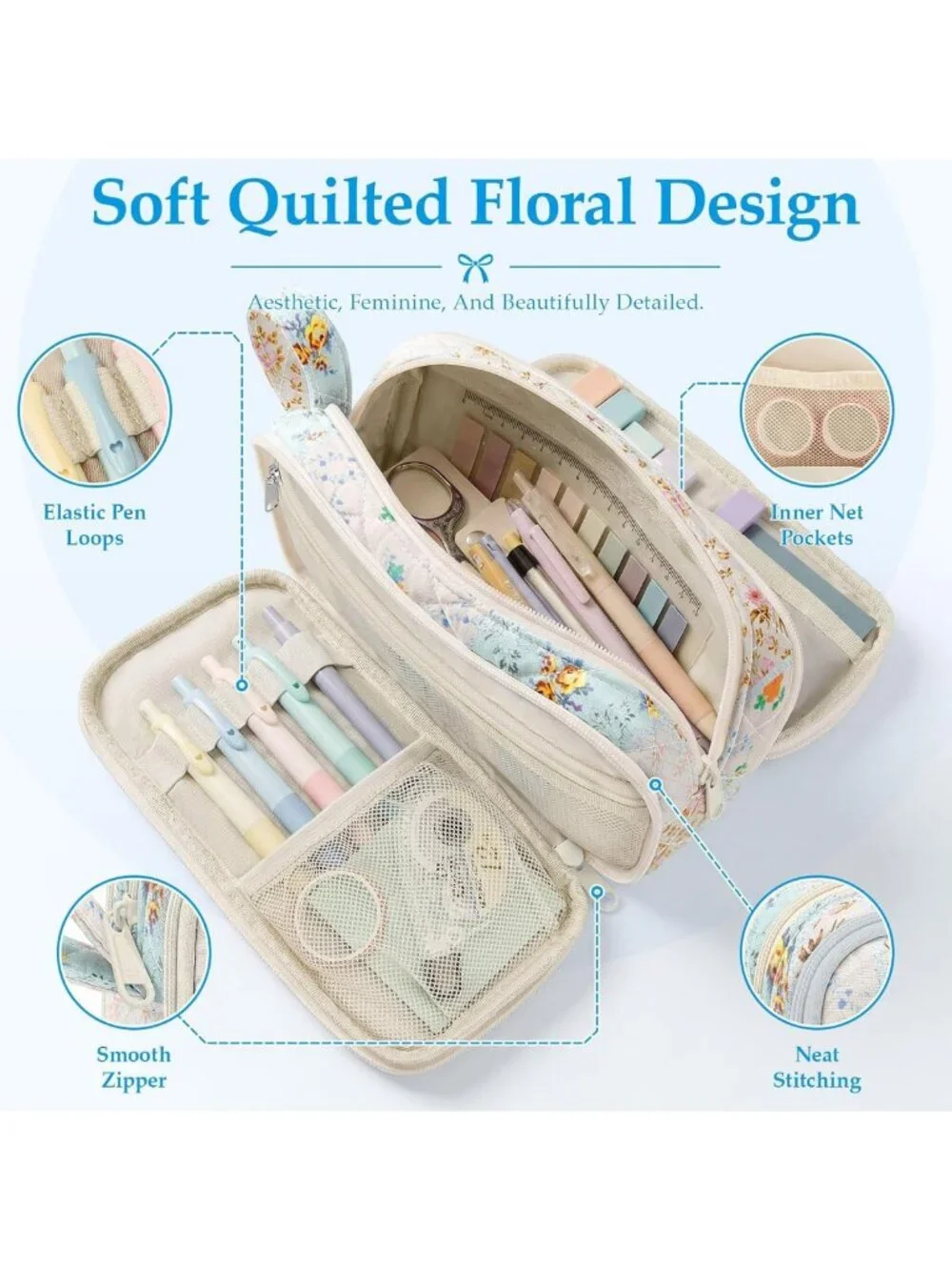 Cute Quilted Pencil Case for Girls | Large Capacity 3 Compartment Organizer